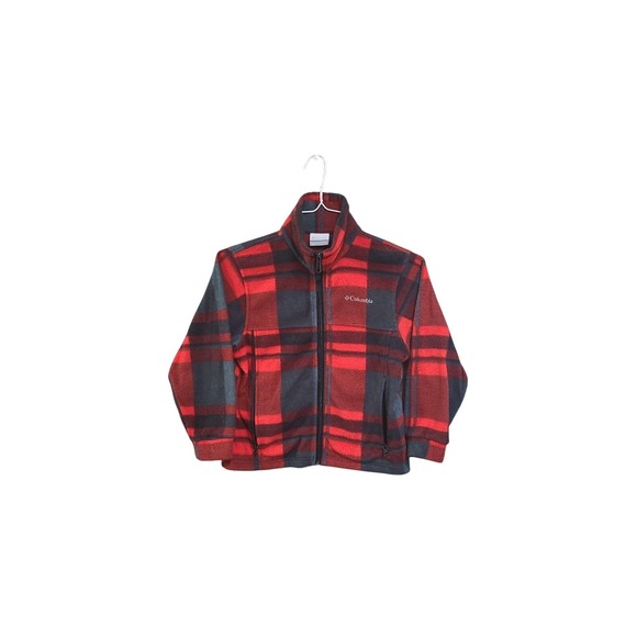 Columbia Boys Fleece Jacket Red Black Plaid Full Zip Size 8 - Picture 1 of 7